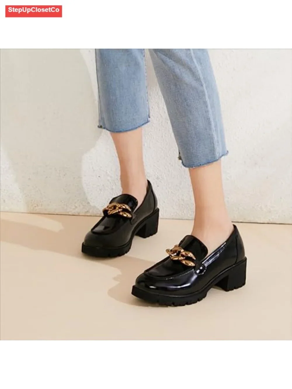 Chunky Platform Loafers Women Comfort Slip-on Faux Leather with Chain